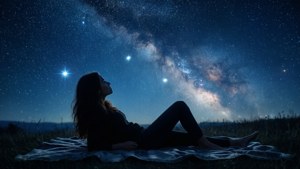 女士躺在草地上凝視著帶有銀河的星空