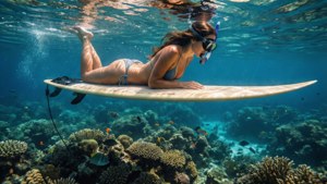 女士在衝浪板上浮潛，越過珊瑚礁，與熱帶魚同游