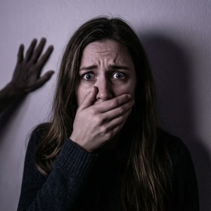 女子驚恐地捂住嘴巴，一隻陰影般的手出現在她身後的牆上。