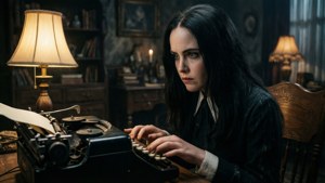 女性在昏暗的書房裡用舊打字機打字，旁邊有燈和書