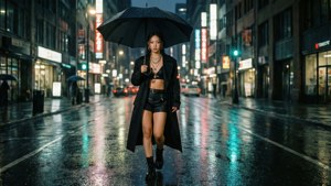 女士在夜晚霓虹燈照亮的城市街道上撐傘雨中行走。