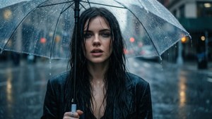 女人在雨夜城市中撐傘，頭髮濕透，燈光模糊。