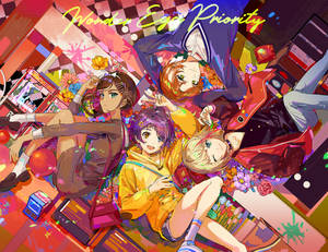 四個動漫女孩被鮮花和遊戲裝備環繞，置身於生動多彩的環境中。