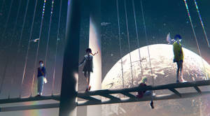 四個動漫角色在橋上，星空下有一顆發光的行星。