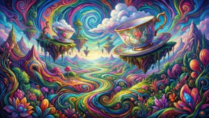 在迷幻奇幻景觀中，色彩繽紛的島嶼上漂浮著茶杯，伴隨著旋轉圖案和充滿活力的植物。