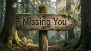 一塊長滿青苔的木牌，上面寫著「Missing You」，在霧氣瀰漫的森林中，周圍是高聳的樹木和柔和的光線。