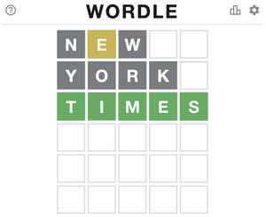 Wordle遊戲畫面，猜測'NEW YORK TIMES'並帶有顏色編碼的反饋。