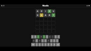 Wordle遊戲畫面，顯示ADIEU已解決，HEART部分正確。