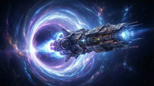 未來太空船從深空中發光的宇宙蟲洞中出現
