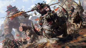 獸人 warlord 騎著野豬，在奇幻戰鬥中衝鋒，手持火焰武器和戰士。