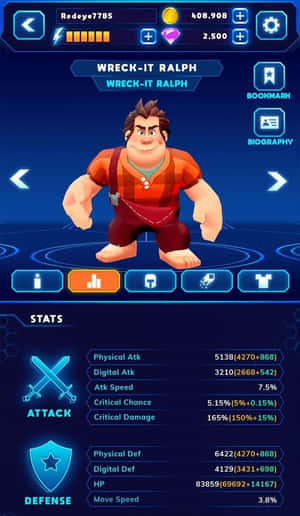 在帶有發光藍色介面的電子遊戲統計畫面中的 Wreck-It Ralph 角色資料。 — 遊戲 壁紙