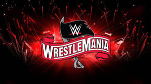 在深色背景上帶有紅色煙火和黑色旗幟的 WrestleMania 標誌。
