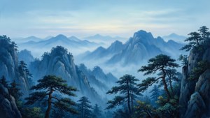 黎明時分，松樹和薄霧環繞的寧靜山景。