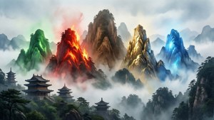 霧林中有傳統寶塔的色彩繽紛發光山巒