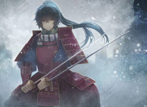 動漫武士戰士身穿紅色盔甲，在雪中手持兩把劍。