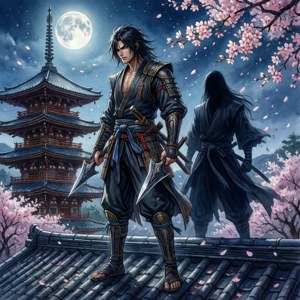 武士在屋頂上，月下櫻花與陰影人物