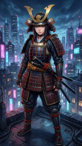 身穿傳統盔甲的武士站在屋頂上，俯瞰著夜晚發光的未來城市。