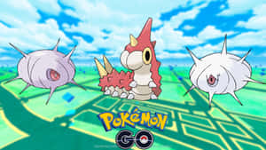 三個寶可夢角色漂浮在帶有Pokémon GO標誌的地圖上方。 — 動漫 壁紙