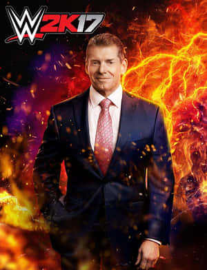 Vince McMahon 身穿西裝，背景為火熱的電氣效果，用於 WWE 2K17 遊戲封面。