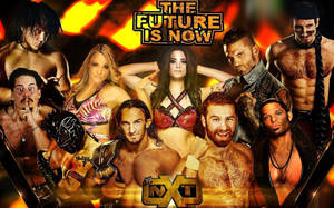 一群 WWE NXT 摔角手在熾熱的背景前擺姿勢。 — 1920x1200 壁紙