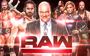 WWE RAW 宣傳，文斯·麥克馬洪和摔角手在紅光中。