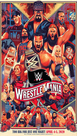 WWE WrestleMania活動海報，包含多位摔角手和冠軍腰帶。