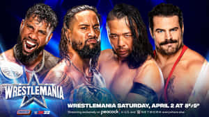 四位WWE摔角手手持冠軍腰帶，為WrestleMania活動宣傳擺姿勢。 — 摔角 GIF 壁紙