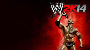 The Rock 在WWE 2K14電玩遊戲封面藝術中慶祝勝利。