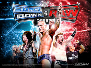 WWE摔角手在場館燈光下與SmackDown vs RAW 2011標誌一同慶祝勝利。