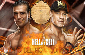 摔角手 Alberto Del Rio 和 John Cena 在火熱背景前與冠軍腰帶合影。