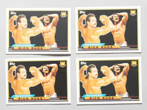 四張相同的 Rick Rude 摔角交易卡，展示他擺姿勢。 — 摔角 GIF 壁紙