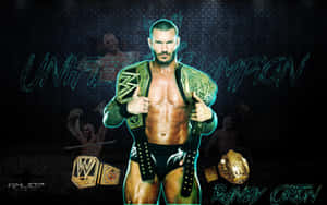 WWE摔角手Randy Orton手持冠軍腰帶，身後有發光霓虹文字。