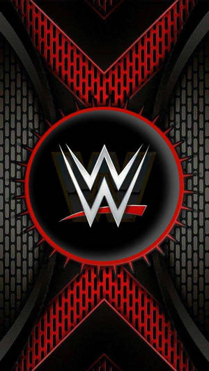銀色 WWE 標誌在黑色圓形上，帶有紅色尖刺和紅黑網格背景。