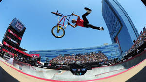 BMX車手在戶外城市滑板公園表演空中特技，人群歡呼。