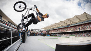 BMX車手喺體育館活動中喺觀眾面前表演花式。