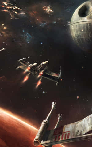 X-wing 戰機在紅色星球附近的太空戰中攻擊死星。 — Moto Pad 60 Pro 壁紙