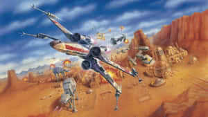星際大戰戰鬥場景，沙漠景觀中有 x-wing 戰機和 at-at 步行機。