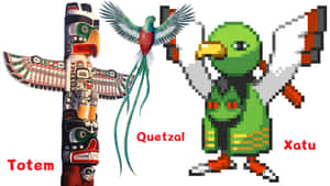 圖騰柱、真實的格查爾鳥和像素化綠色鳥角色Xatu。 — 像素 壁紙