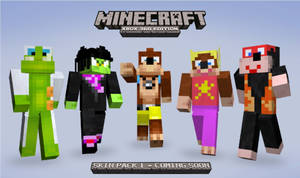 五個著住色彩繽紛皮膚嘅Minecraft角色排成一排。