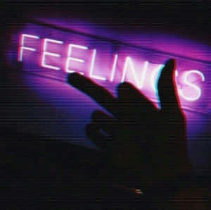 手在發光的紫色霓虹燈牌前做出和平手勢，牌上寫著 FEELINGS。