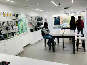 顧客在現代白色科技店瀏覽電子產品，店內有展示架和桌子。 — 蘋果 壁紙