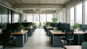 在明亮現代的工作空間中，一排排辦公桌上配有電腦和植物。