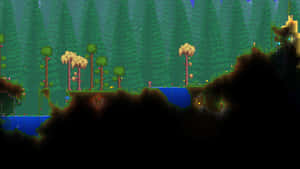 像素藝術遊戲場景，探險家站在浮島上，周圍環繞著森林和發光的水域。