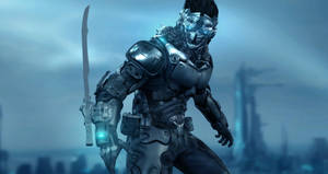 "Armored warrior wielding a sword in a cyberpunk world"