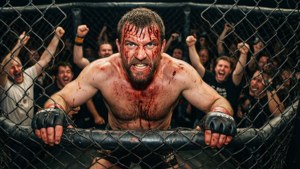 血跡斑斑的MMA拳手在八角籠中慶祝勝利，圍欄後方的粉絲歡呼。