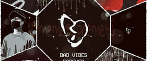 一個戴面具的人在黑暗碎片化圖形中，帶有「bad vibes forever」文字和滴落的心形。