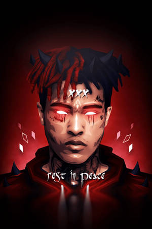 一名擁有發光紅眼和紅色辮子髮型的男子肖像，附有'rest in peace'文字。