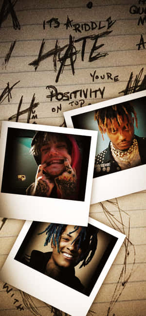說唱歌手Lil Peep和Lil Uzi Vert的寶麗來照片在塗鴉筆記本紙上。