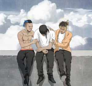 三個帶光環嘅男子喺雨中嘅窗台上互相安慰。
