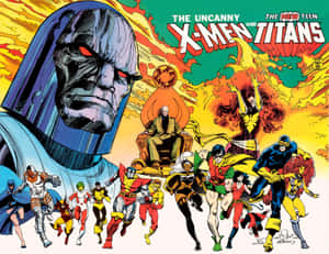 漫畫封面，X-Men 和 Teen Titans 面對一個巨大的黑暗反派。